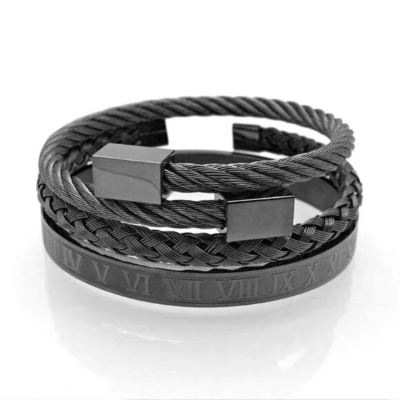3 Piece Royal Roman Bracelets Bangles Adjustable Black - Picture 1 of 11